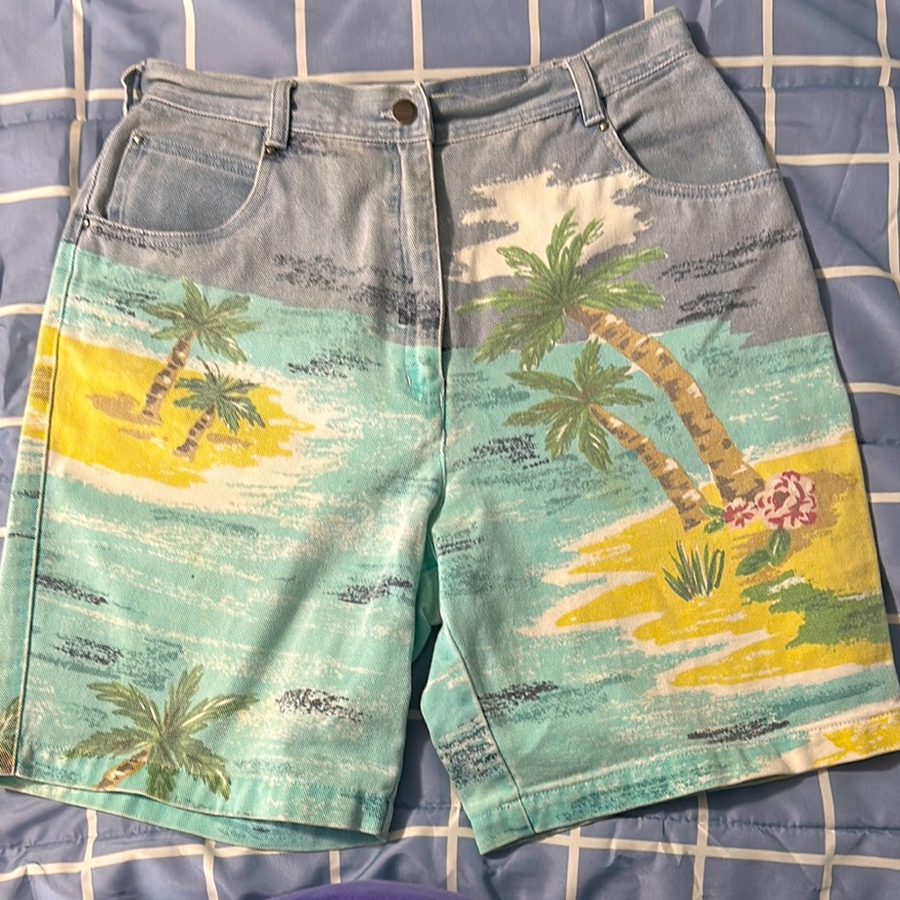 Vintage Tropical Print Denim Shorts